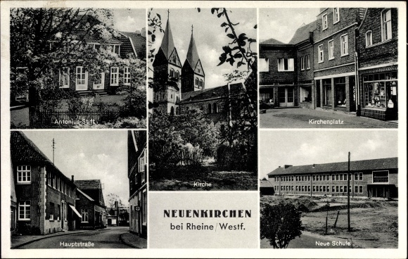 Ak Neuenkirchen im Münsterland, Kirchenplatz, Neue Schule, Hauptstraße, Antonius Stift
