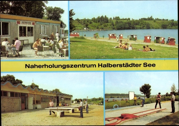 Postcard Halberstadt am Harz, recreation center Halberstädter See, guests, table tennis, miniature golf