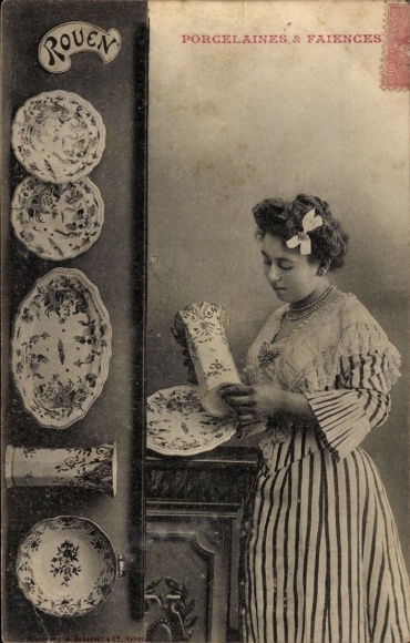Postcard Rouen Seine Maritime, woman in striped dress, porcelain
