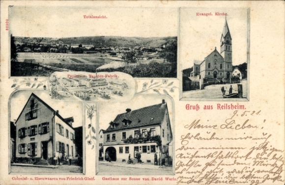 Postcard Reilsheim Bammental in Baden, Evangelical Church, Grocery Store, Gasthaus zur Sonne, Total