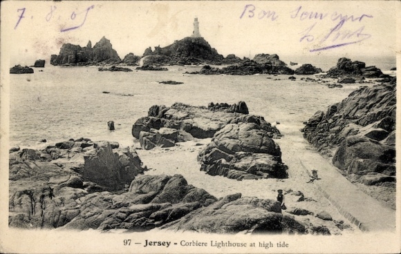 Postcard St. Brélade Channel Island Jersey, La Corbière Lighthouse