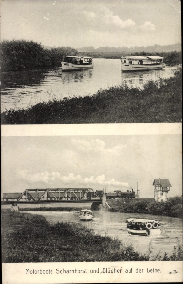 Postcard Rehten Laatzen on a leash, motor boats Scharnhorst and Blücher