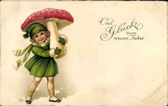 Postcard Happy New Year, girl, fly agaric