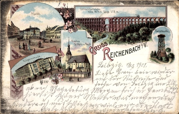 lito Reichenbach im Vogtland, rynek, szkoła publiczna, kościół, Karlsturm, most Göltzschtal