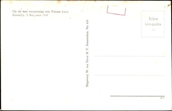 Postcard Juliana of the Netherlands, birthday cake for Princess Irene 1947