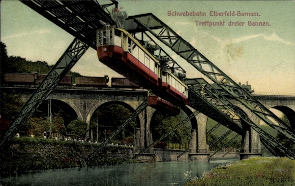 Postcard Elberfeld Wuppertal, Sonnborner Bridge, suspension railway, railway, tram