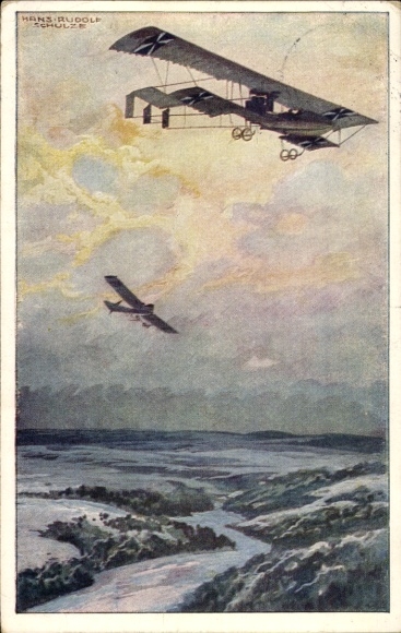 Artist Postcard Schulze, Hans Rudolf, Military biplane on reconnaissance mission over the Argonne Forest