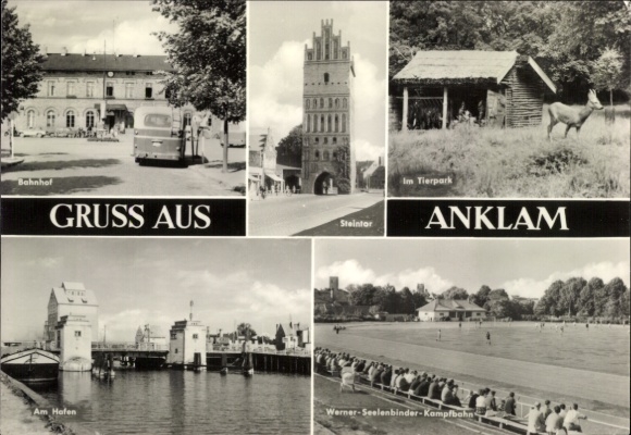 Ansichtkaart van Anklam in Mecklenburg-Vorpommern: treinstation, Steinfor, haven, dierentuin,...