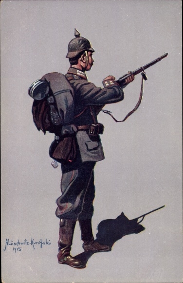 Kunstenaarskaart Lüschwitz Koreffski, A., Duitse soldaat, infanterist van het 4e Garderegiment te voet