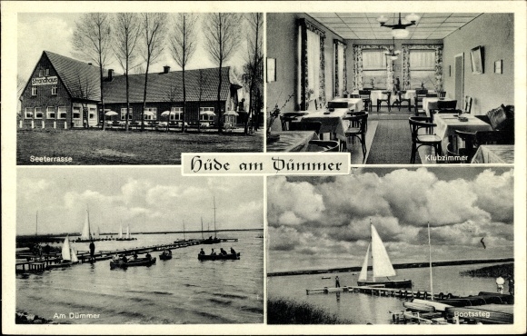 Ak Hüde am Dümmer See, strandhuis Heinrich Piening, terras aan het meer, clubkamer, roeiboten, steiger