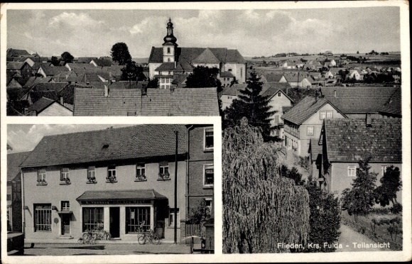Postcard Flieden in Hesse, view of church, houses, detailed landscape