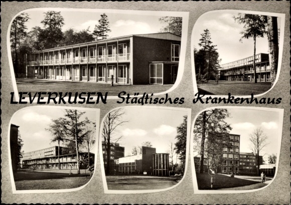 Postcard Leverkusen in the Rhineland, photographs of the municipal hospital, five views