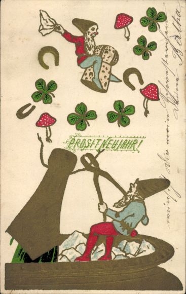 Embossed Postcard Congratulations New Year, dwarves, clover, horseshoe, champagne