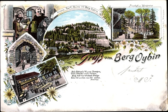 Chromo-Litho Oybin in Saxony, church, village, ruins, Oybin mountain, cemetery