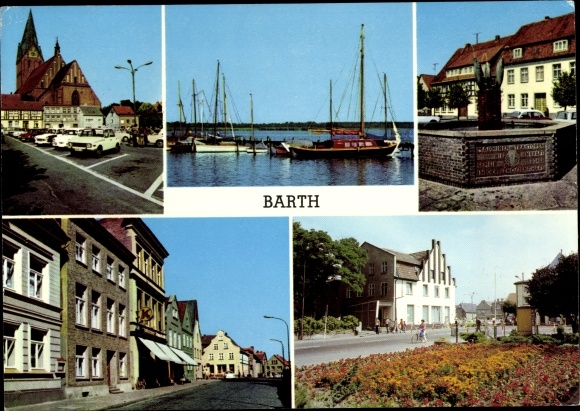 Postcard Barth on the Baltic Sea, market, on the pier, fountain, Ernst Thälmann Straße, park on Dammstraße