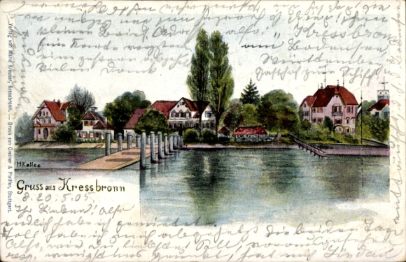Artist Postcard Kressbronn am Bodensee, villas on the shore, jetty
