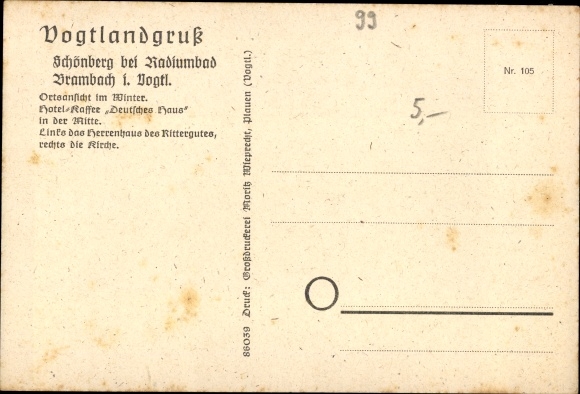 Postcard Schönberg Bad Brambach Vogtland, Hotel Deutsches Haus, mansion d. manor, church, winter