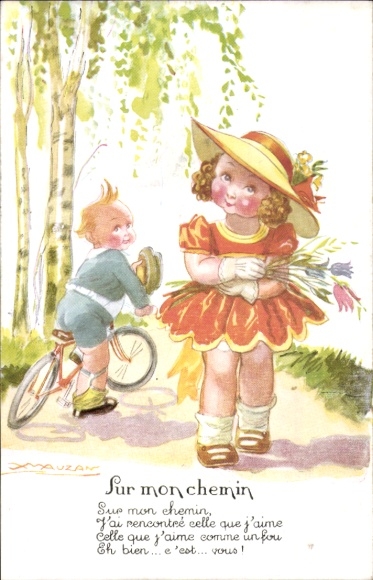 Artist Postcard Mauzan, Boy on a bicycle, girl with hat