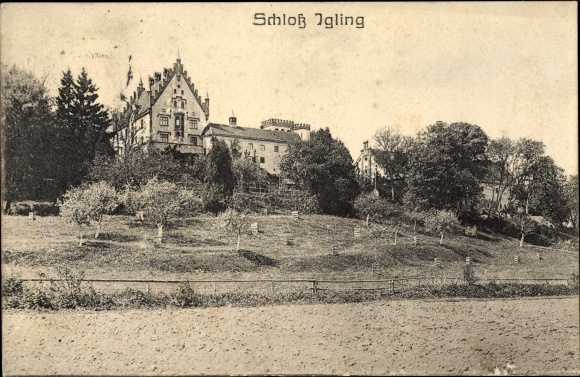 Postcard Igling in Swabia, view from the field to the castle