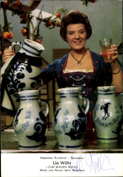 Postcard actress Lia Wöhr, portrait, Zum blauen Bock, music and humor at Äppelwoi, autograph