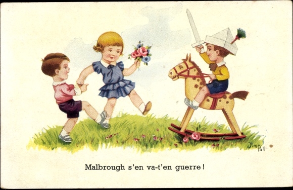 Artist PC Patt, Jim, children, rocking horse, boy with sword
