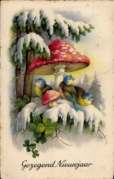 Ak Glückwunsch Neujahr, Pilz, Glücksklee, Vögel, Tannenbaum