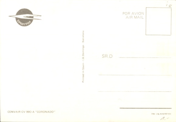 Postcard Spanish passenger aircraft of Spantax, Convair CV 990 A Coronado