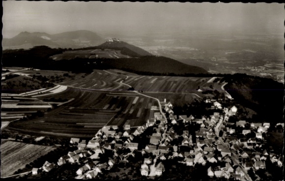 Postcard Erkenbrechtsweiler Swabian Alb, aerial view of the village, fields in the foreground, Hohen-Neuf