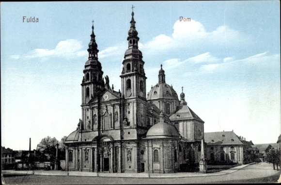 Postcard Fulda in Hesse, cathedral, two towers, baroque architecture, sky with clouds