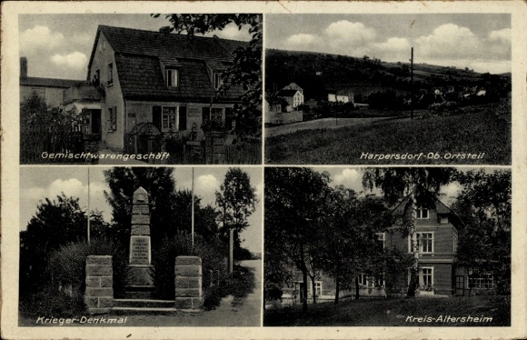 Postcard Harpersdorf Kraftsdorf in Thuringia, general store, war memorial, district retirement home