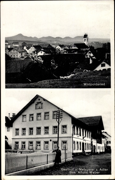 KP Wildpoldsried w Szwabii Oberallgäu, widok całkowity, karczma i masarnia zum Adler