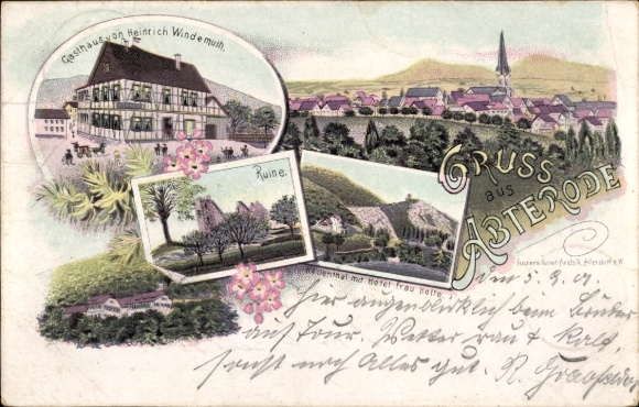 Litho Abterode Meißner in Hessen, Gesamtansicht, Ruine, Gasthaus
