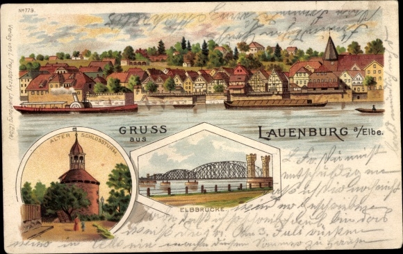 Chromo-Litho Lauenburg an der Elbe, Elbe bridge, old castle tower, general view