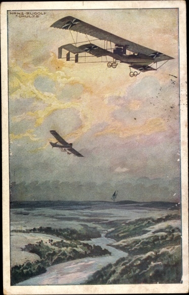 Artists Postcard Schulze, Hans Rudolf, military biplane on an exploratory trip over the Argonne Forest
