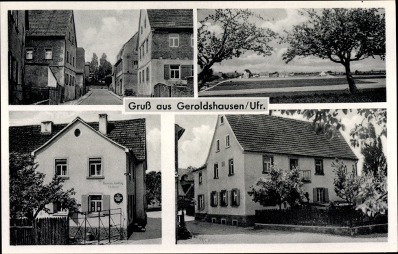 Postcard Geroldshausen Unterfranken, bakery, town views