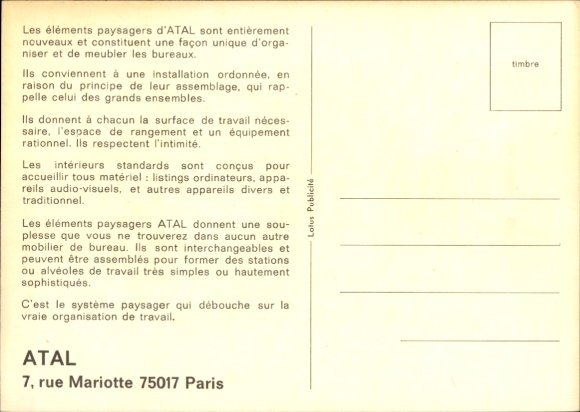 Postcard advertising, Atal, Rue Mariotte, Paris, office equipment