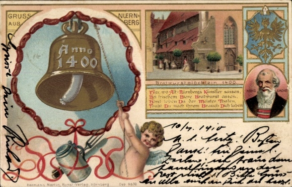 Embossed Chromo-Litho Nuremberg in Middle Franconia Bavaria, Bratwurst bell, Hans Sachs, sausage bell anno 1400