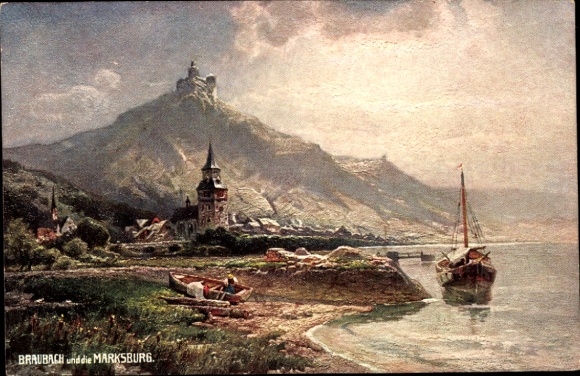 Postcard Braubach am Rhein, Marksburg, river, boats, landscape