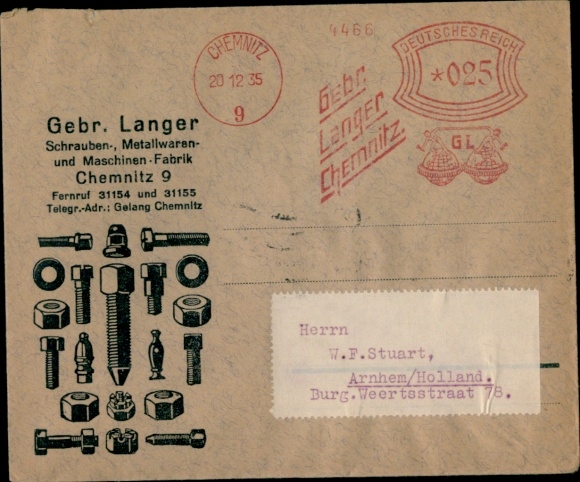 Envelope Gebr. Langer Chemnitz, screw, metal goods and machine factory