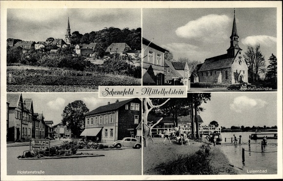 Ak Schenefeld in Sleeswijk-Holstein, Holstenstraße, Bonifatiuskirche, Luisenbad, afstandsschot