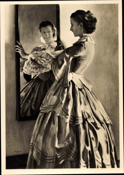 Artist PC Engelhard, Jul., In front of the mirror, HDK 443, lady in a dress, ruffles, Photo Hoffmann
