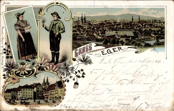 litho Cheb Eger Regio Karlovy Vary, algemeen beeld, marktplein, klederdracht