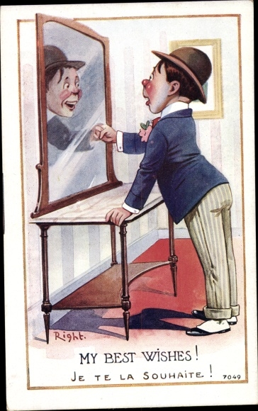 Artist Postcard Right, My Best Wishes, Man Congratulates His Reflection