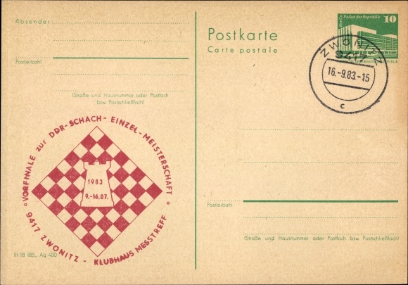 Postwaardestukken ansichtkaart schaken, opdruk: Prefinals z. DDR Individueel Schaakkampioenschap, Clubhuis Messtreff