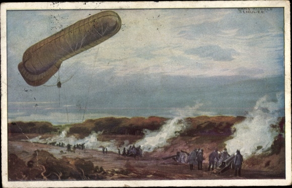 Artist PC Schulze, Hans Rudolf, captive balloon of the German Air Fleet in WWI, artillery