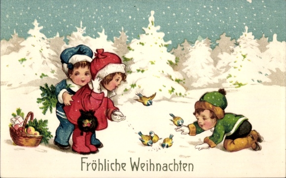 Picture Merry Christmas, children playing in the snow