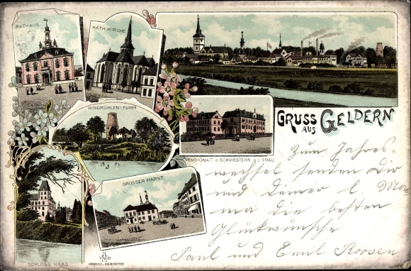 Litho Geldern am Niederrhein, Kirche, Rathaus, Pensionat der Schwestern unserer lieben Frau