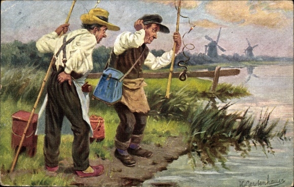 Kunstenaarskaart Gerstenhauer, Johann Georg, twee vissers aan de rivieroever, windmolens