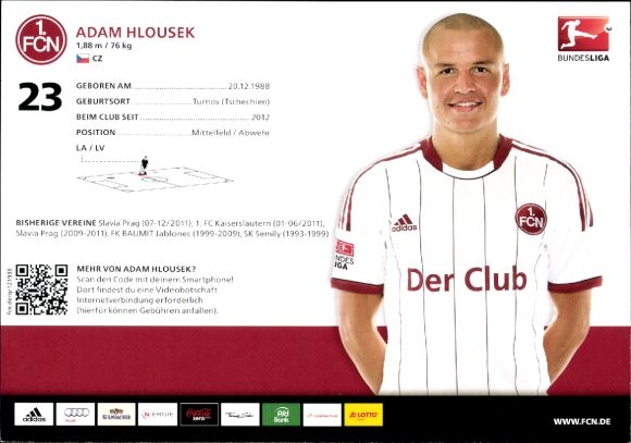 Autograph card footballer Adam Hlousek, 1. FC Nuremberg, autograph