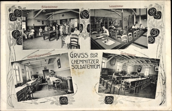 Postcard Chemnitz in Saxony, soldiers' home, billiard room, reading room, non-commissioned officer's room